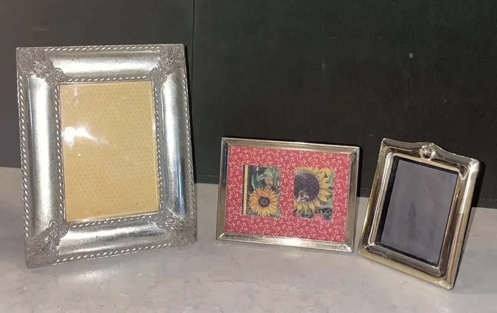 Set 3 Photo Frames Wood Brass Silver Colored Picture Frames Metal 3.5,4”,6.75”
